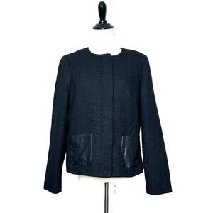 Talbots black wool boucle leather pockets zip up jacket size 8
